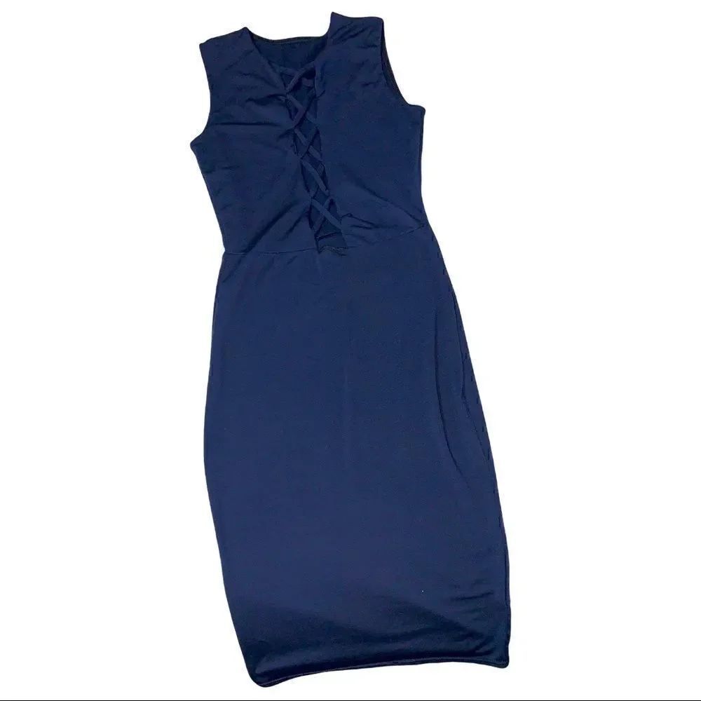 Navy crisscross strapped low cut sleeveless dress
